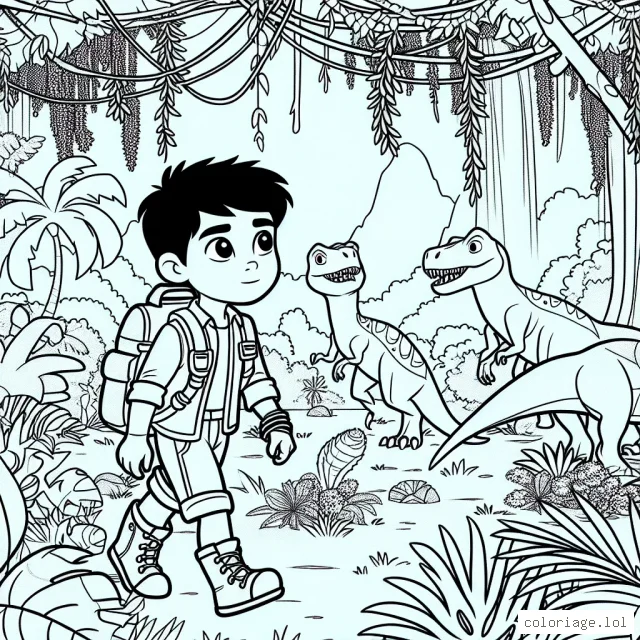 Un petit garçon aventurier qui explore une jungle mystérieuse peuplée de dinosaures sympathiques et de plantes exotiques.