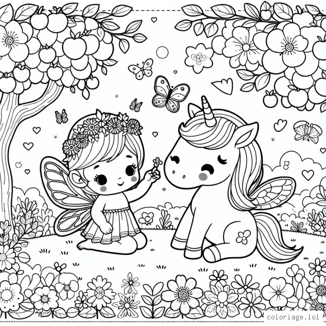 Une petite fée douce et aimable joue avec son ami licorne magique dans un jardin de fleurs éclatantes. Elles sont entourées de papillons scintillants et d'arbres fruitiers luxuriants.