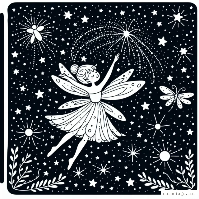 Imagine une petite fée lumineuse volant parmi les étoiles, entourée de lucioles scintillantes et poussières d'étoiles.