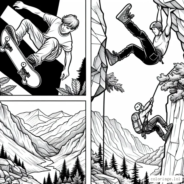 Dessins d'un skateur professionnel exécutant des figures exceptionnelles et d'un aventurier faisant de l'escalade libre sur une falaise escarpée.