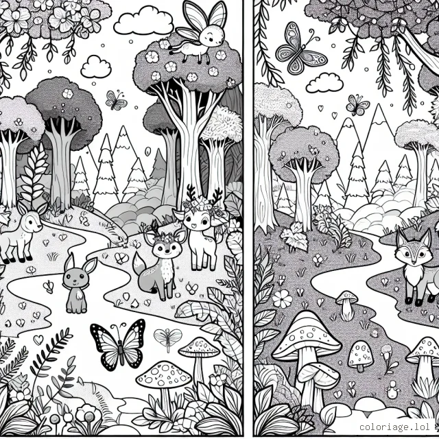 Décore ce paysage de forêt émerveillé avec des animaux, des fées et des champignons