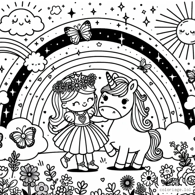 Imagine un pays des rêves avec une belle petite princesse dansant avec sa licorne préférée sous un arc-en-ciel scintillant. Tout autour, il y a un magnifique jardin plein de fleurs colorées, de papillons volant et de petits animaux adorables jouant. Dans le ciel, il y a de jolis nuages douillets et un soleil souriant.