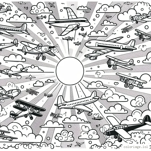 Dans une page vierge, dessinez un ciel immense rempli d'avions divers. De petits avions privés aux grands jets de ligne, du biplan vintage à l'hélicoptère moderne. N'oubliez pas de dessiner également des nuages flottants et le soleil brillant qui projette des ombres douces et longues.