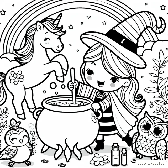 Une sorcière joviale prépare une potion magique dans une marmite bouillonnante, entourée de sa licorne aux couleurs de l'arc-en-ciel et de sa chouette blanche, dans un jardin fleuri mystérieux.