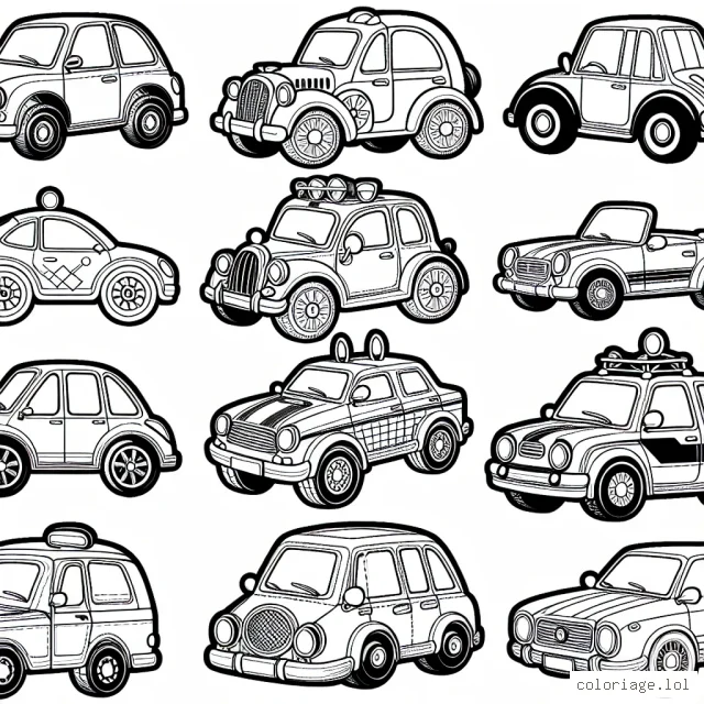 Présentation de différentes marques de voitures à colorier