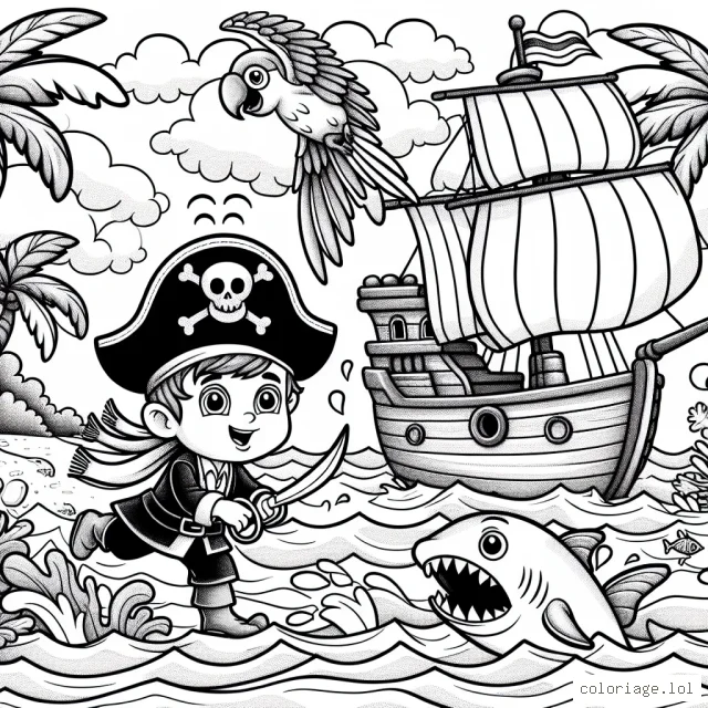 Un jeune pirate courageux navigue sur la mer agitée avec son perroquet fidèle, cherchant à découvrir un trésor sur une île mystérieuse. Le ciel est peuplé de nuages sombres et l'océan grouille de requins curieux. Des poissons colorés sautent hors de l'eau autour du navire, tandis que des palmiers sur l'île attendent d'être colorés.