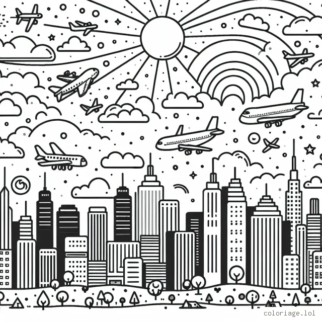 Un grand ciel bleu rempli d'avions de différentes formes, tailles et modèles, survolant une jolie ville avec de grandes tours et de petits bâtiments.