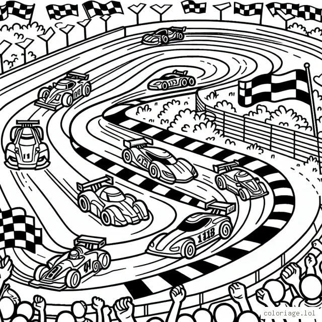 Dessine une course palpitante entre différentes voitures de course sur un circuit sinueux. Il ne faut pas oublier d'ajouter des détails qui rendent la scène vraiment dynamique et attrayante, comme des voitures dérapant sur la piste, des voitures franchissant la ligne d'arrivée et des spectateurs applaudissant sur les gradins.