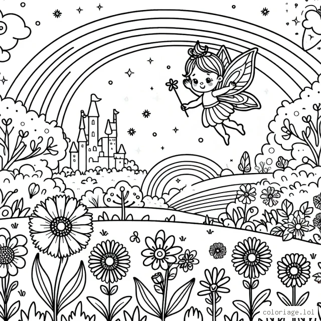 Une petite fée qui vole au-dessus d’un magnifique jardin fleuri, avec un arc-en-ciel et un château au loin.