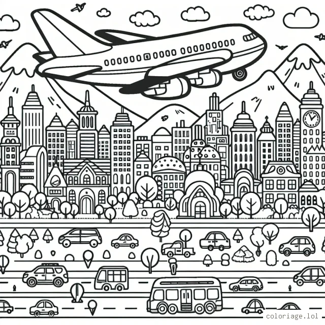 Un grand avion volant au-dessus d'une ville animée, avec des montagnes en arrière-plan.
