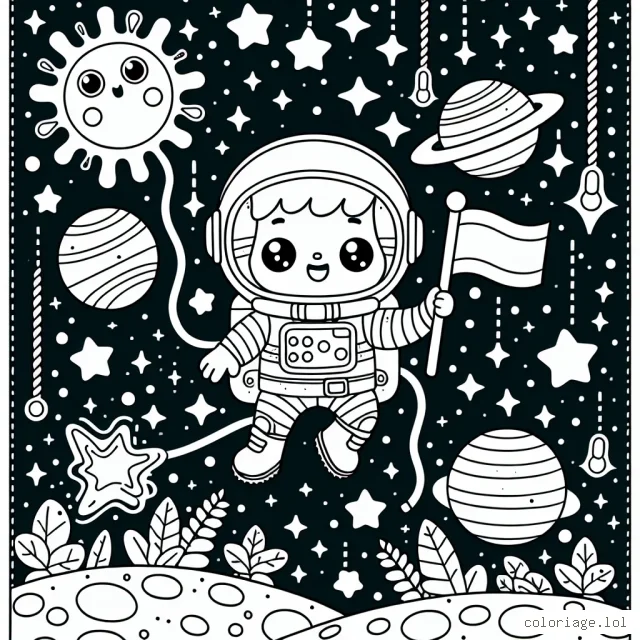 Un petit astronaute courageux flotte dans l'espace, avec sa combinaison spatiale lumineuse et son drapeau. Autour de lui, des étoiles brillantes, des planètes lointaines et une étrange créature spatiale.