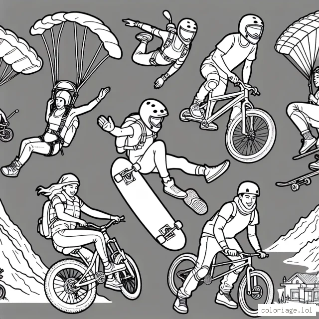 Imagine un dessin représentant des athlètes en train de pratiquer plusieurs sports extrêmes comme le parachutisme, le BMX, le skateboarding et l'escalade de montagne.
