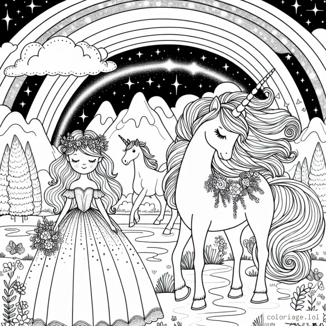 Une princesse féerique dans un royaume de rêve avec un licorne majestueux sous un arc-en-ciel brillant