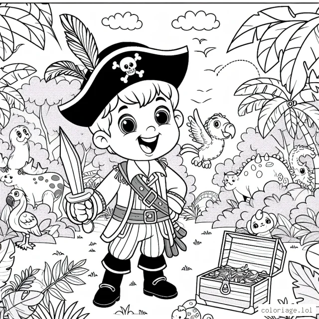 Un petit garçon déguisé en pirate avec un chapeau à plumes, une épée en bois et une carte au trésor dans une jungle peuplée d’ animaux exotiques