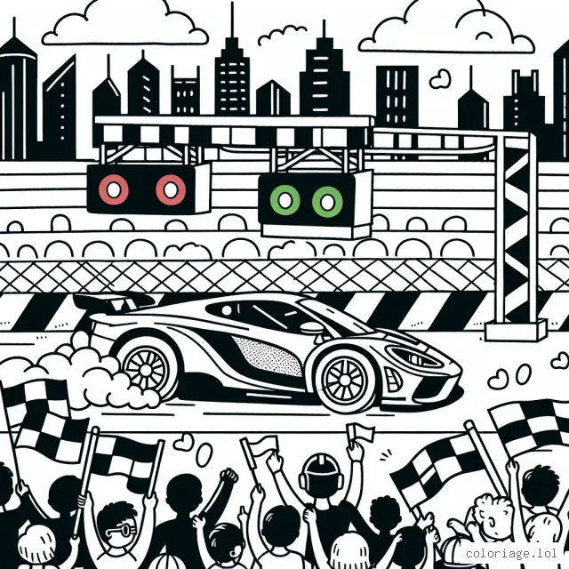 Dessine une course passionnante de voitures de sport avec une foule animée dans les gradins. N'oublie pas d'inclure les détails comme les feux rouges et verts du feu de départ, les drapeaux à carreaux et le paysage urbain en arrière-plan.