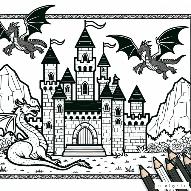 Un château fort médiéval avec des dragons qui volent autour