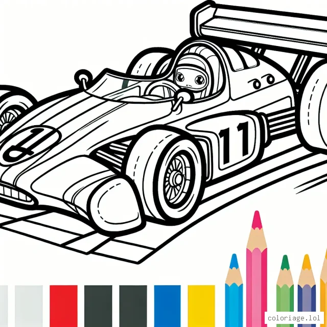 Dessine ta propre voiture de course, colorie les roues en rouge et le corps en bleu avec des rayures jaunes