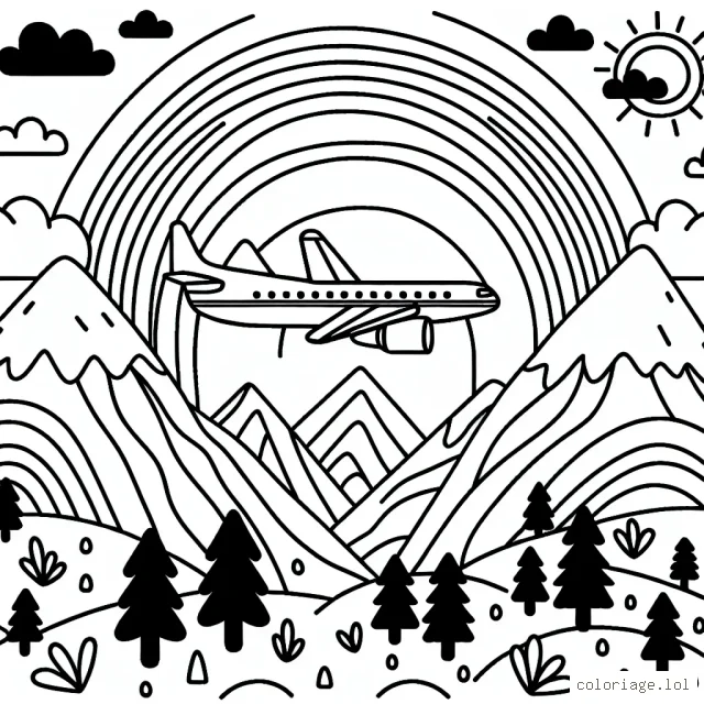Un avion de ligne survole un paysage montagneux parsemé de forêts, avec un arc-en-ciel dans le ciel.