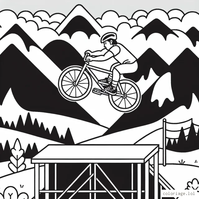 Un sportif exécutant un saut vertigineux en vélo sur une rampe, avec des montagnes et des nuages en arrière-plan