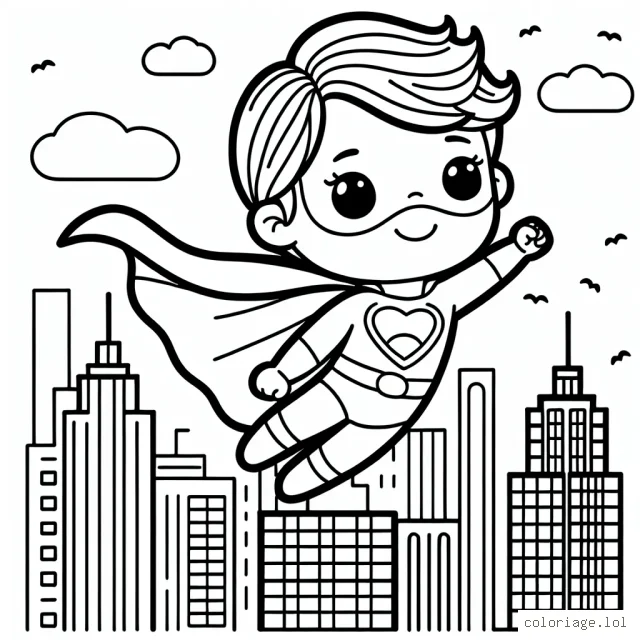 Un petit garçon super-héros volant au-dessus de la ville
