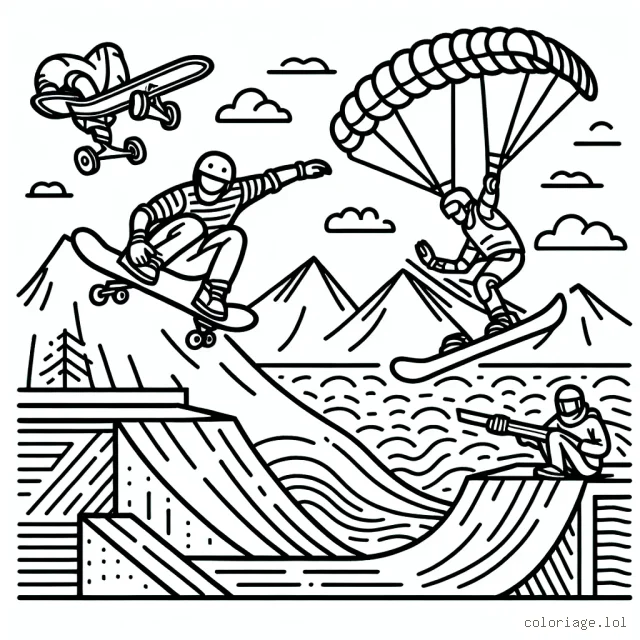 Dans ce dessin, vous pouvez voir un skateur en plein saut au dessus d'une rampe dans un skatepark. Il y a aussi un snowboardeur descendant une pente montagneuse. A côté, on aperçoit un surfeur attraper une grande vague. Pour finir, en haut du dessin, un parachutiste est en plein vol libre.