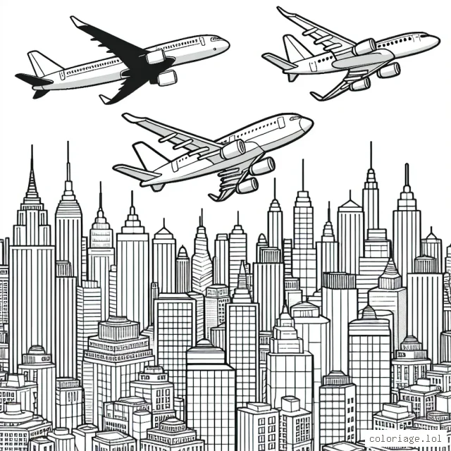 Trois types différents d'avions survolant une ville animée.