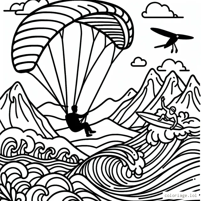 Un parapentiste volant entre les montagnes avec un surfeur en pleine action sur une grande vague