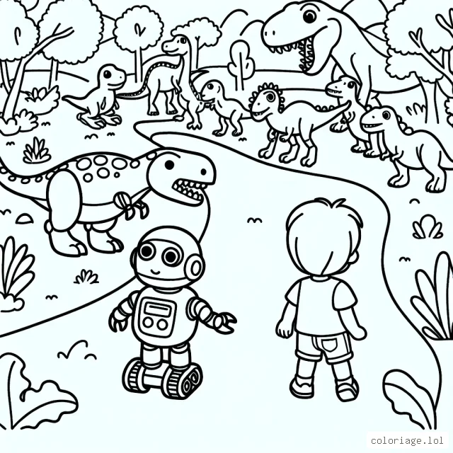 Un petit garçon marche avec son dino robot dans un parc rempli de dinosaures.