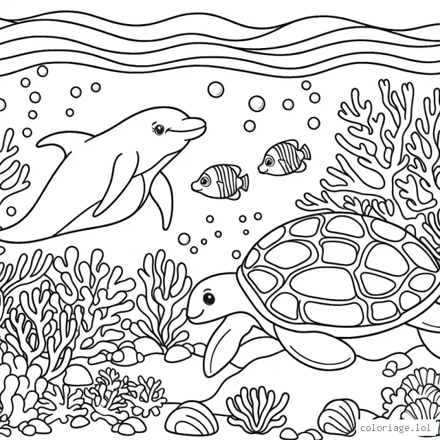 Voyage aux fonds marins avec une tortue, un dauphin et des poissons colorés entourés de récifs coralliens