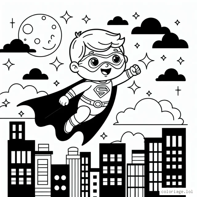 Une scène animée d'un petit garçon super-héros volant au-dessus d'une ville illuminée.