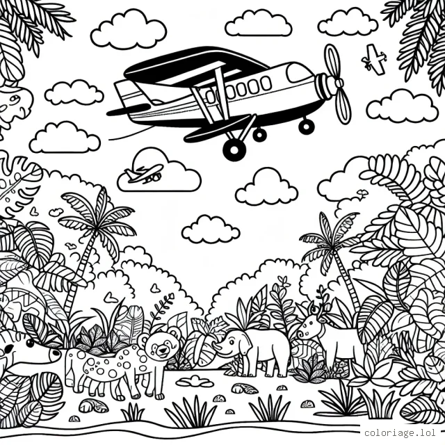 Un avion survolant la jungle luxuriante, avec divers animaux dessous