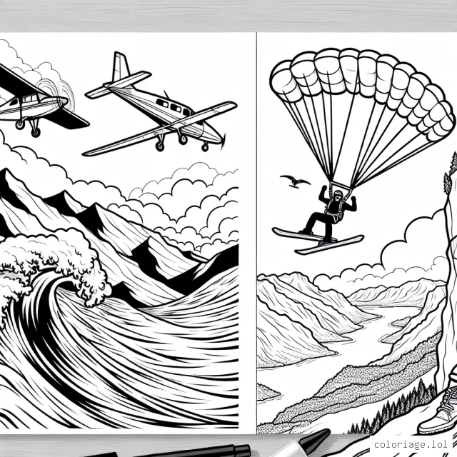 Dans ce dessin à colorier, on voit un skieur dévalant une pente raide dans les montagnes, un surfeur affrontant une énorme vague, un parachutiste sautant d'un avion et un grimpeur s'accrochant à une paroi rocheuse