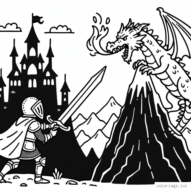 Un chevalier vaillant dressant son épée contre un dragon crachant du feu au sommet d'une montagne pointue, avec un château à l'arrière-plan.