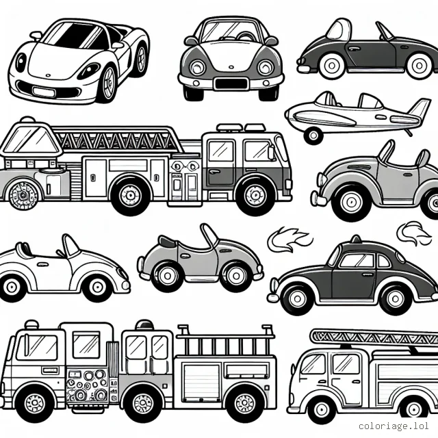 Imagine un dessin avec une parade de voitures de différentes formes et tailles. Il y a des voitures sportives, des voitures classiques, des voitures d'époque, des camions de pompiers et plus encore. Chaque voiture possède des détails uniques qui font d'elles des œuvres d'art captivantes.