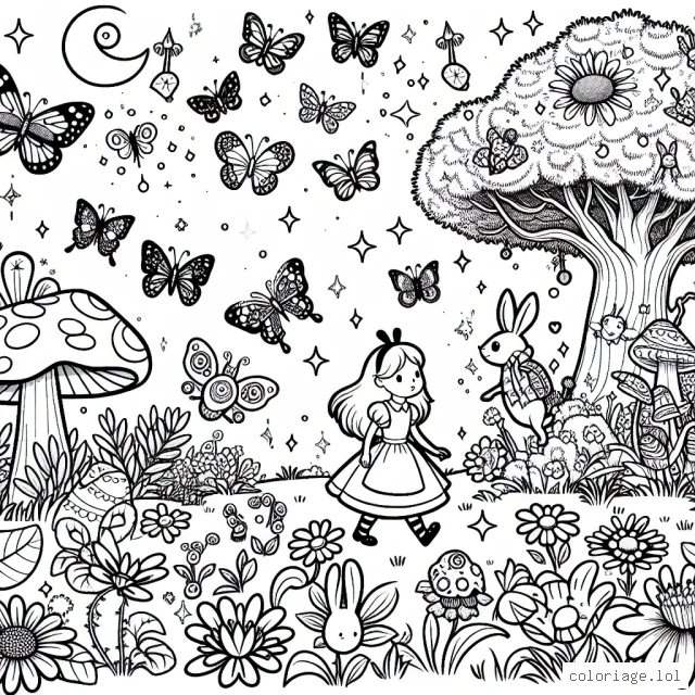 Alice se promène dans un jardin féerique rempli de créatures étranges et merveilleuses. Elle aperçoit des papillons étincelants volant parmi des fleurs multicolores. Plus loin, elle voit un champignon gigantesque avec des lucioles scintillantes autour. Près d'un arbre enchanté, elle repère un lapin mystérieux tenant une montre à gousset. Chaque détail dans l'image attend d'être rempli de couleurs.