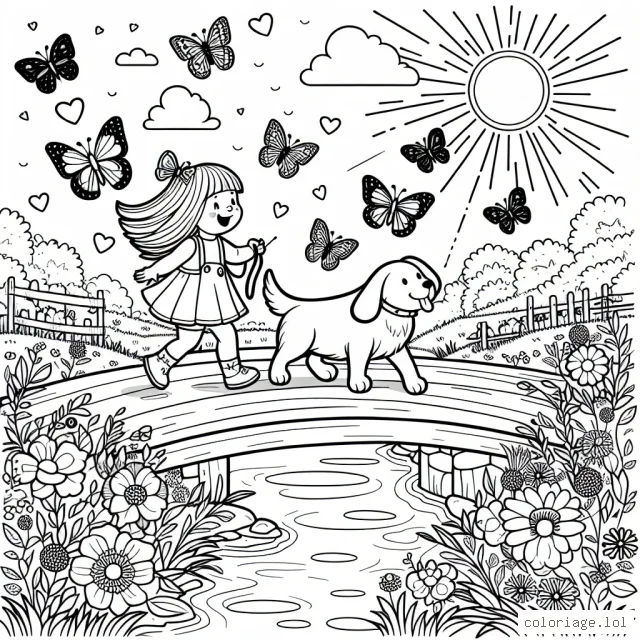 Une petite fille et son grand chien déambulent joyeusement sur un pont au-dessus d'un ruisseau ensoleillé, émerveillés par un vol de papillons multicolores. Les papillons et les différents éléments du paysage (l'herbe, les fleurs, le ciel, l'eau) sont vierges de couleur.