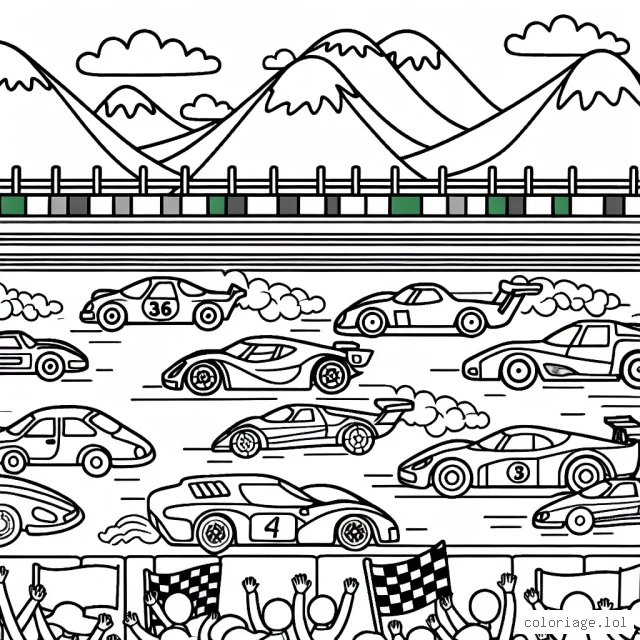 Dessine une course de voitures fantastique avec des voitures colorées, des montagnes en arrière-plan et un public enthousiaste.