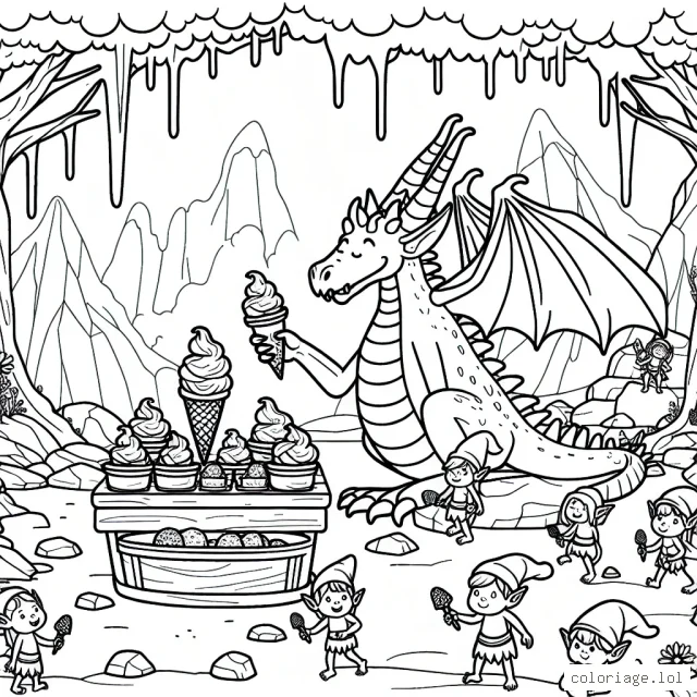 Un gentil dragon fabriquant des glaces dans une caverne mystique entouré de petits lutins affamés.