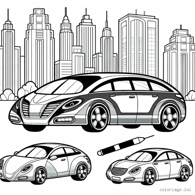 Dessine une série de voitures élégantes et arrondies, chacune portant le logo d'une marque de voiture différente au-dessus. Le paysage sera urbain avec des gratte-ciels en arrière-plan.