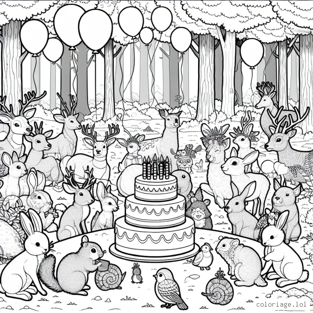 Une grande fête d'anniversaire avec des animaux de la forêt