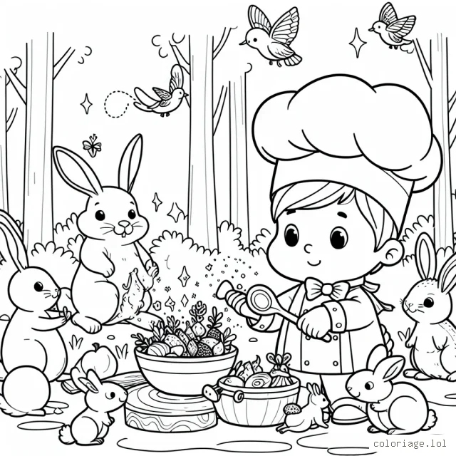 Un petit cuisinier qui prépare un grand festin magique pour ses amis les animaux de la forêt
