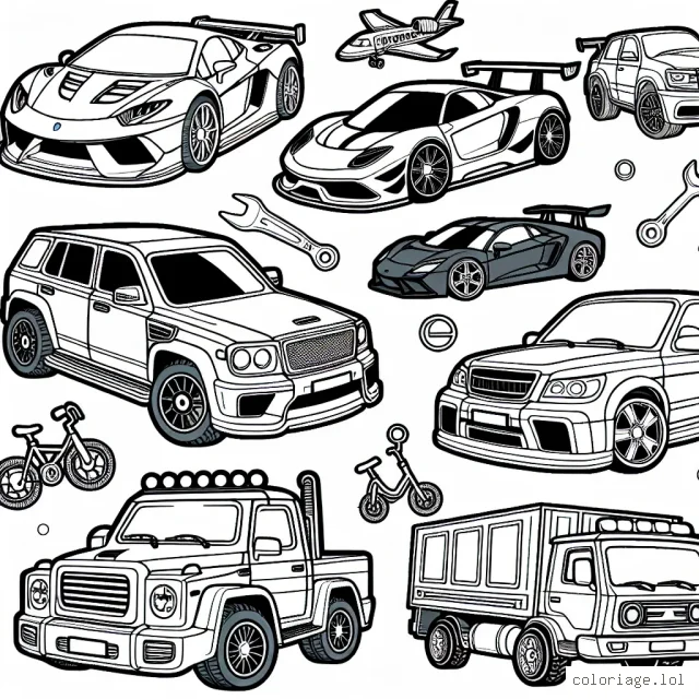 Vous devez créer un coloriage concernant différentes marques de voitures. Chaque voiture doit représenter sa marque de manière unique avec des détails distincts. Inclure des logos de marques sur chaque véhicule peut aider à identifier leur origine. Assurer la variété en termes de types de véhicules - des voitures de sport, des camions, des berlines et des SUV.