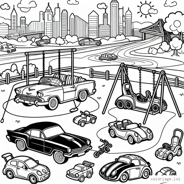 Imagine une scène animée mettant en vedette une collection de voitures classiques, modernes et futuristes se balançant sur un terrain de jeu avec un environnement inspiré des villes, de la campagne et des zones de course.
