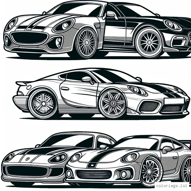Dessine les voitures célèbres de différentes marques et leurs attributs distinctifs. La Ferrari rouge flamboyante, la Bugatti Veyron bleue, la Porche 911 jaune et la Mercedes Benz noire. N'oublie pas de colorier les détails comme les logos de la marque, les pneus et les phares.