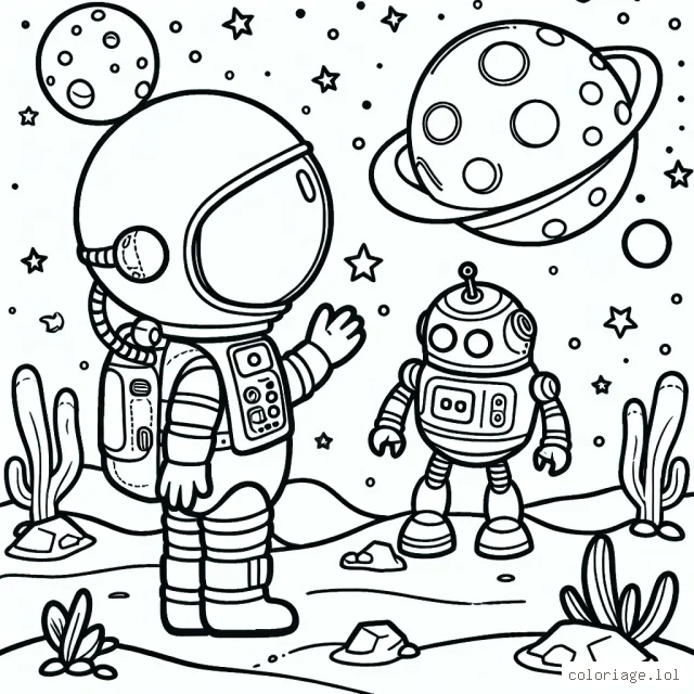 Un petit astronaute explorant une planète mystérieuse avec son robot de compagnie
