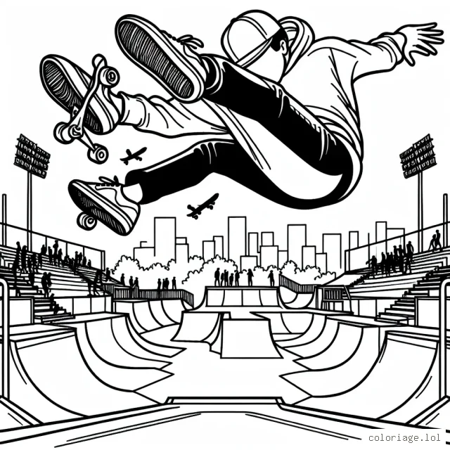 Un skateur professionnel qui réalise des figures aériennes impressionnantes dans un immense skatepark.