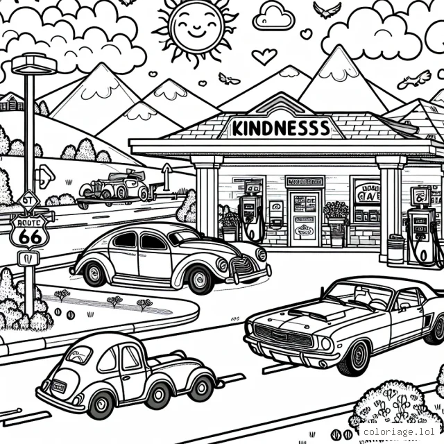 Voici une scène dynamique avec plusieurs types de voitures. Il y a une voiture de course, une voiture de sport classique, une petite voiture citadine et une limousine. Toutes sont stationnées dans une pittoresque station-service sur la route 66. Il y a aussi des éléments environnementaux comme des arbres, des panneaux de signalisation, le ciel, le soleil etc.