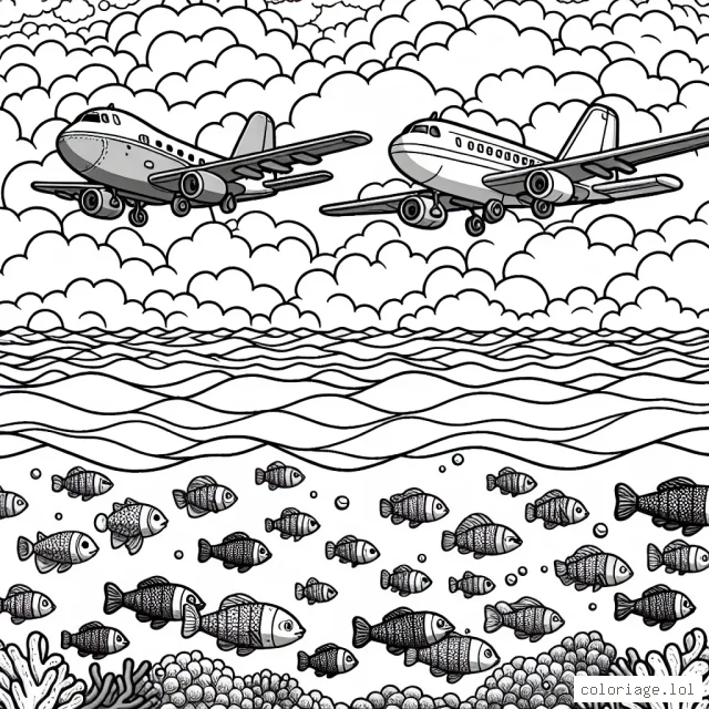 Imaginez une scène où deux avions survolent l'océan, avec de nombreux poissons nageant en dessous. Les avions défilent dans le ciel avec des formes de nuages fantastiques autour.