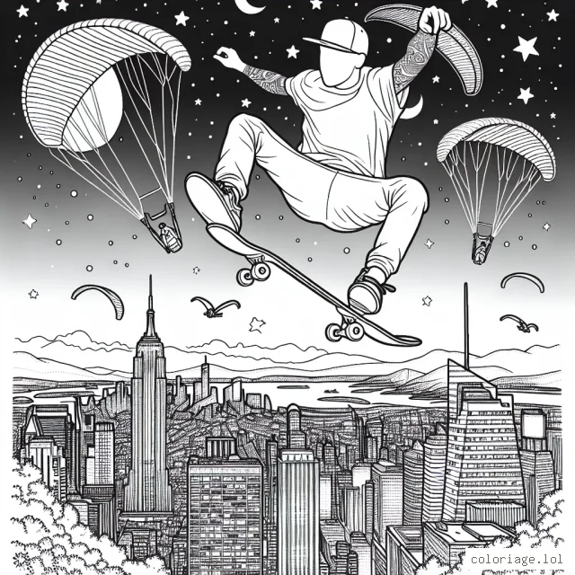 Un skateur professionnel effectuant un saut incroyable au-dessus d'une ville animée, tandis que des parapentistes flottent dans le ciel étoilé au-dessus de lui