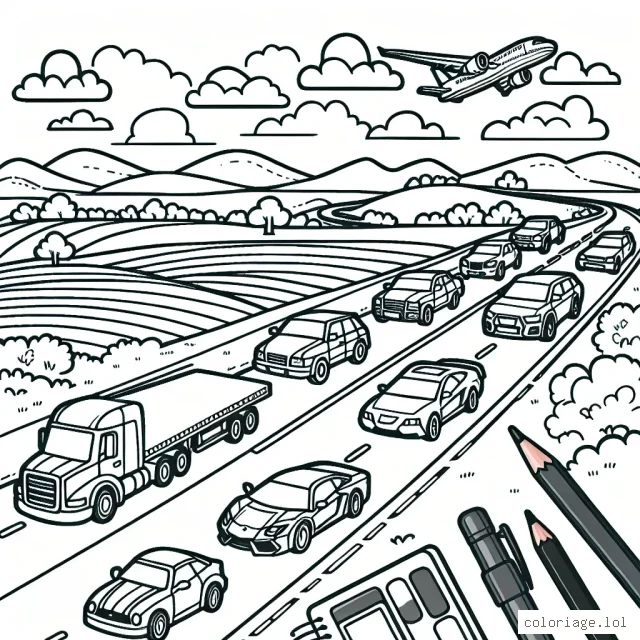 Imagine un dessin détaillé regroupant diverses voitures par marque sur une grande route de campagne.